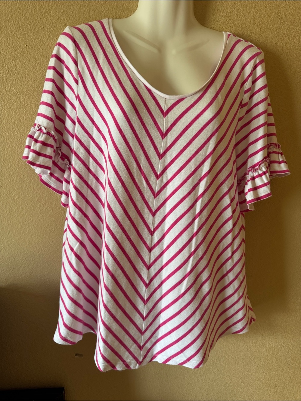 Kim Rogers Pink and White Striped Ruffle Sleeve Tee XL